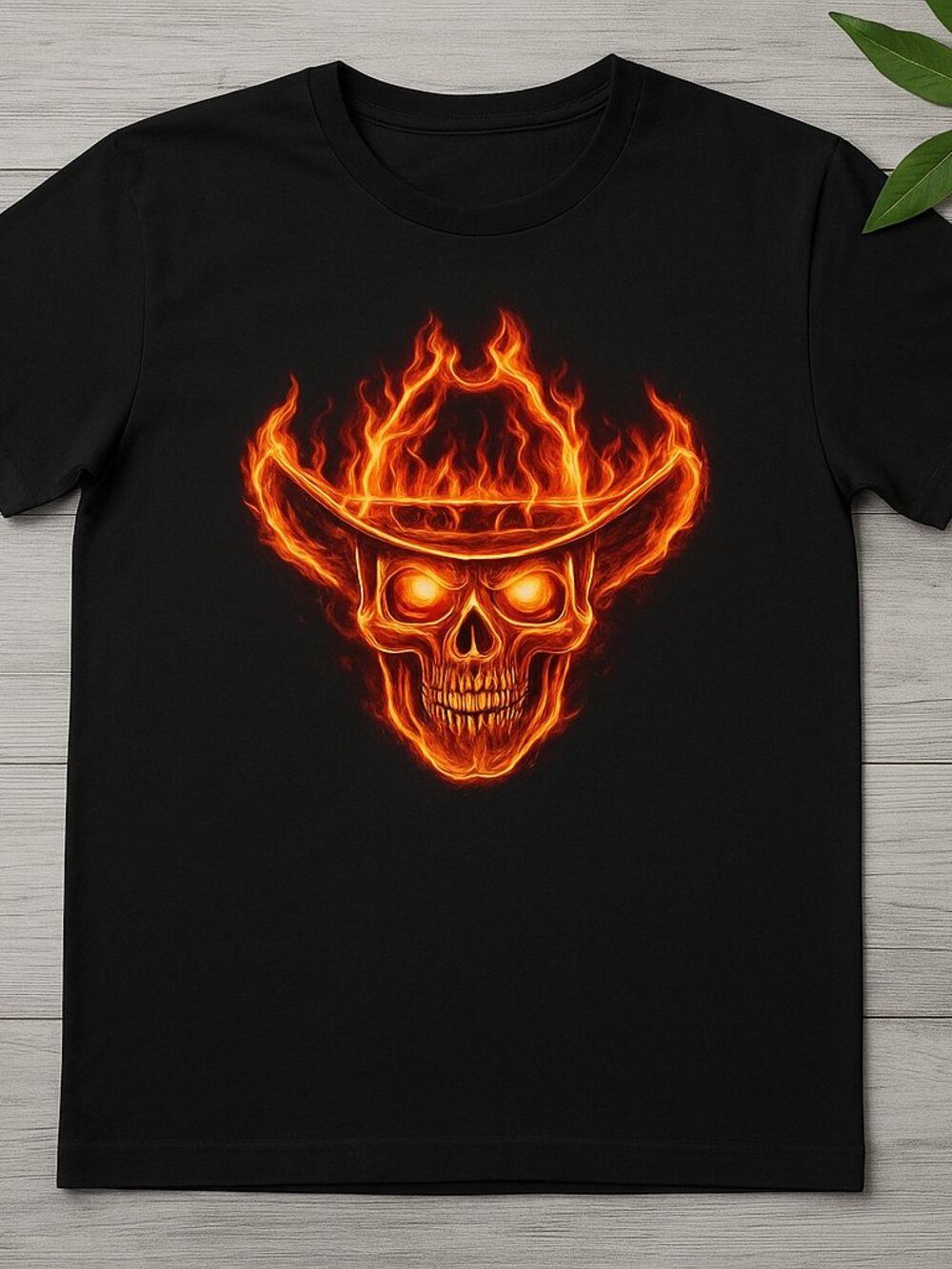 Black Flaming Cowboy Skull Graphic Tee Fire Western Biker Shirt
